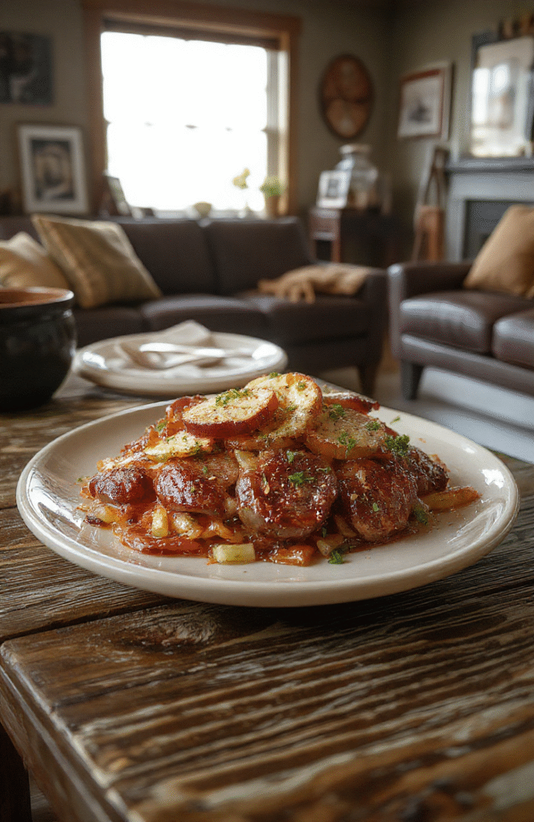 A rustic bowl filled with caramelized onion soup topped with a golden cheese crouton, surrounded by nostalgic Hawkins memorabilia and soft dim lighting, styled to evoke a cozy, eerie atmosphere from Stranger Things