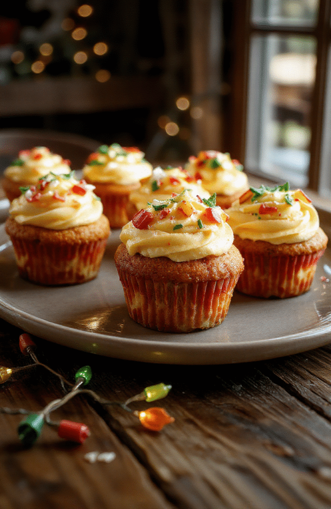 Colorful festive cupcakes decorated with glowing light motifs inspired by Stranger Things, topped with vibrant icing and shimmering edible glitter, arranged on a dark wooden tray against a cozy, dimly-lit background that evokes Hawkins' mysterious atmosphere.