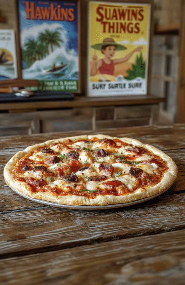 Colorful, stacked surfer boy style pizza with crispy crust, melted cheese, vibrant pepperoni slices, fresh basil, and drizzled sauce on a rustic wooden table, styled with vintage Hawkins memorabilia and a retro Pacific vibe.