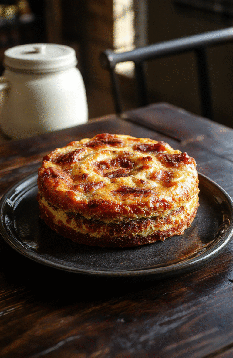A vibrant upside-down cake with a glossy caramelized top, decorated with dark berries and edible dust, presented on a rustic wooden board with a moody, TV-inspired backdrop.