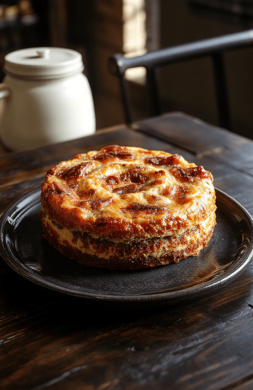 A vibrant upside-down cake with a glossy caramelized top, decorated with dark berries and edible dust, presented on a rustic wooden board with a moody, TV-inspired backdrop.