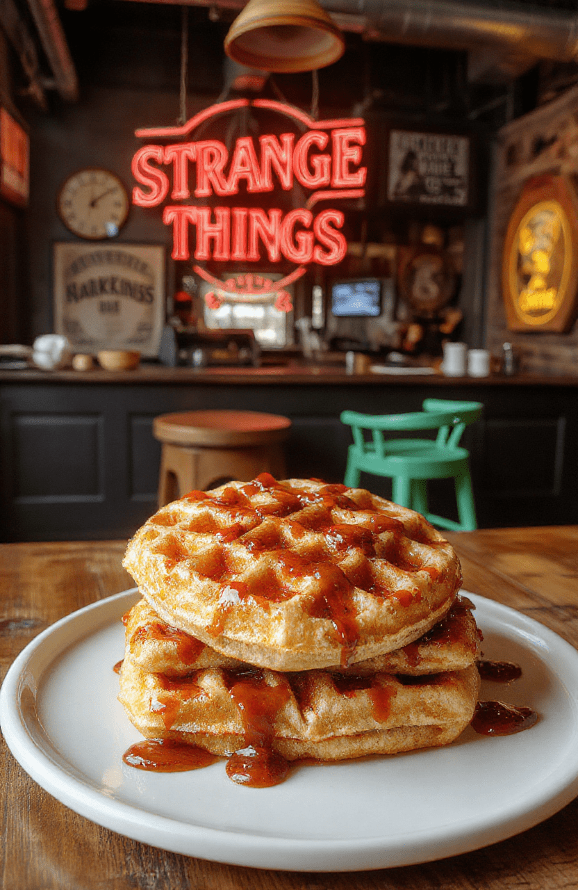 Colorful Stranger Things Waffles topped with whipped cream, fresh berries, and syrup on a vintage ceramic plate, styled with retro 80s elements and neon accents, thick and fluffy textures, vibrant colors, and a nostalgic vibe.