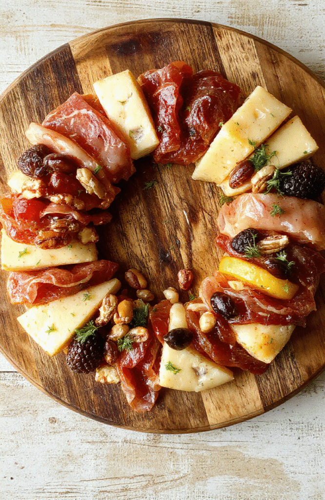 A vibrant, circular charcuterie wreath featuring an assortment of colorful cheeses, cured meats, fresh fruits, nuts, and herbs, artfully arranged on a rustic wooden platter with a festive presentation, showcasing textures from creamy cheeses to crunchy nuts and glossy fruits, styled with seasonal elements for an appealing and inviting look.