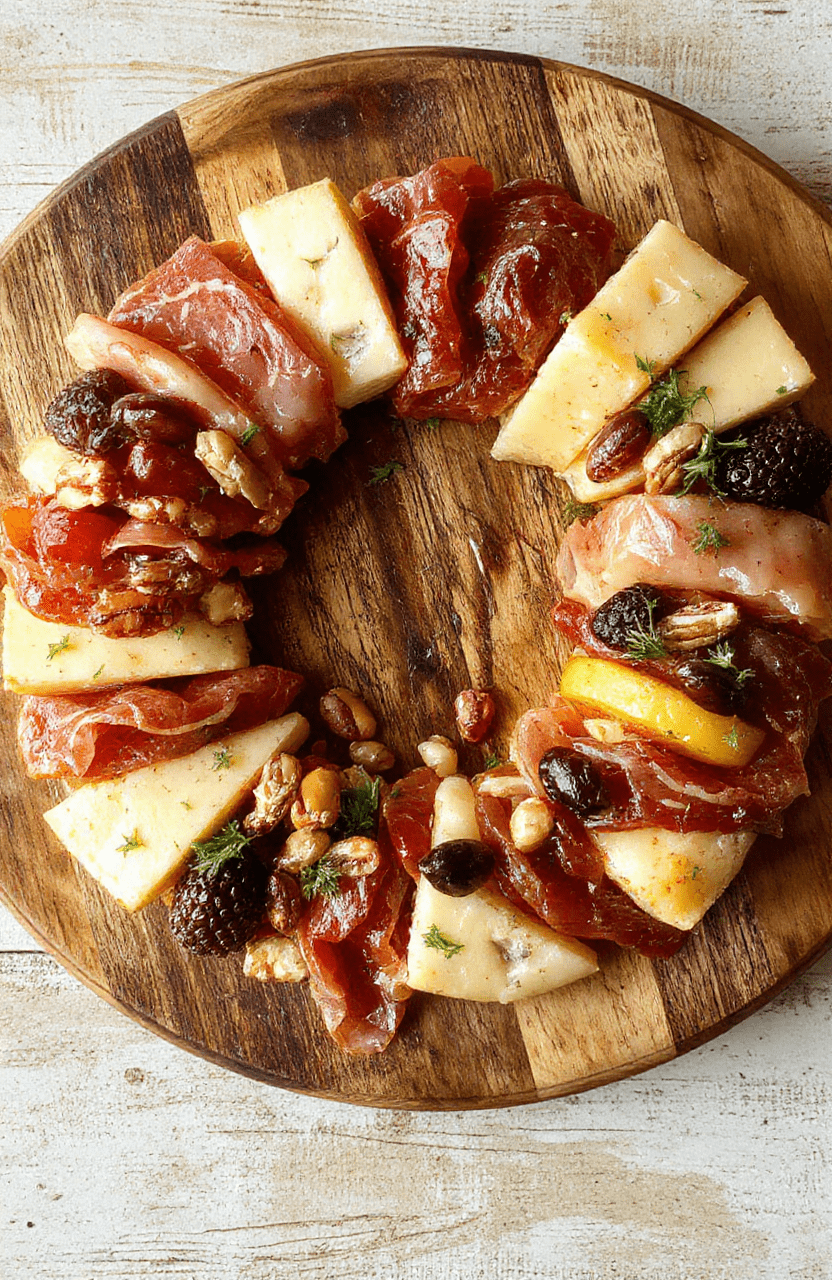 A vibrant, circular charcuterie wreath featuring an assortment of colorful cheeses, cured meats, fresh fruits, nuts, and herbs, artfully arranged on a rustic wooden platter with a festive presentation, showcasing textures from creamy cheeses to crunchy nuts and glossy fruits, styled with seasonal elements for an appealing and inviting look.