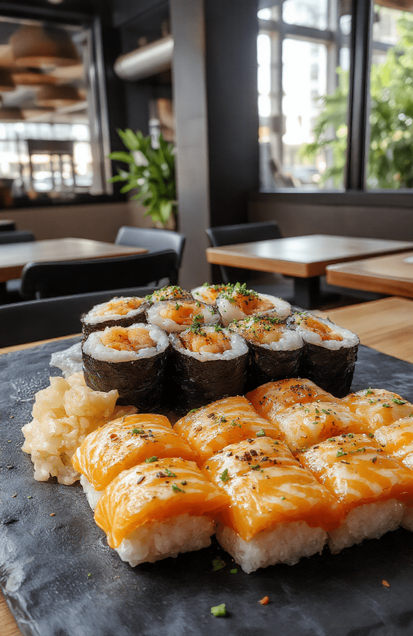 A vibrant and artistic sushi platter featuring an array of colorful sashimi, nigiri, and maki rolls arranged meticulously on a sleek black slate plate. The textures range from glossy fish slices to crispy tempura and creamy avocado, garnished with fresh herbs and edible flowers. Light reflects softly off the fresh seafood, creating a tempting, appetizing presentation with a modern, elegant style.