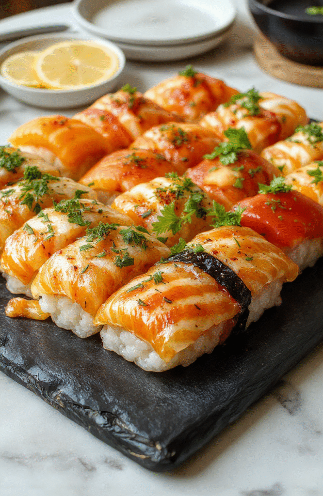 Vibrant and beautifully arranged sushi platter featuring colorful nigiri and maki rolls, garnished with fresh herbs and sliced citrus, on a sleek black slate plate, with delicate textures of rice, fish, and vegetables, styled with elegant minimalism to evoke a refined Japanese-inspired presentation.