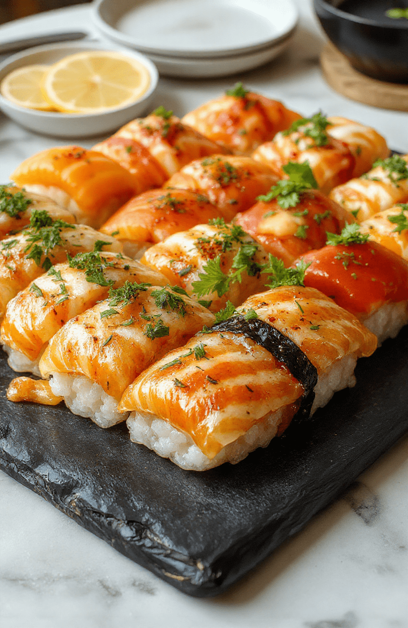 Vibrant and beautifully arranged sushi platter featuring colorful nigiri and maki rolls, garnished with fresh herbs and sliced citrus, on a sleek black slate plate, with delicate textures of rice, fish, and vegetables, styled with elegant minimalism to evoke a refined Japanese-inspired presentation.