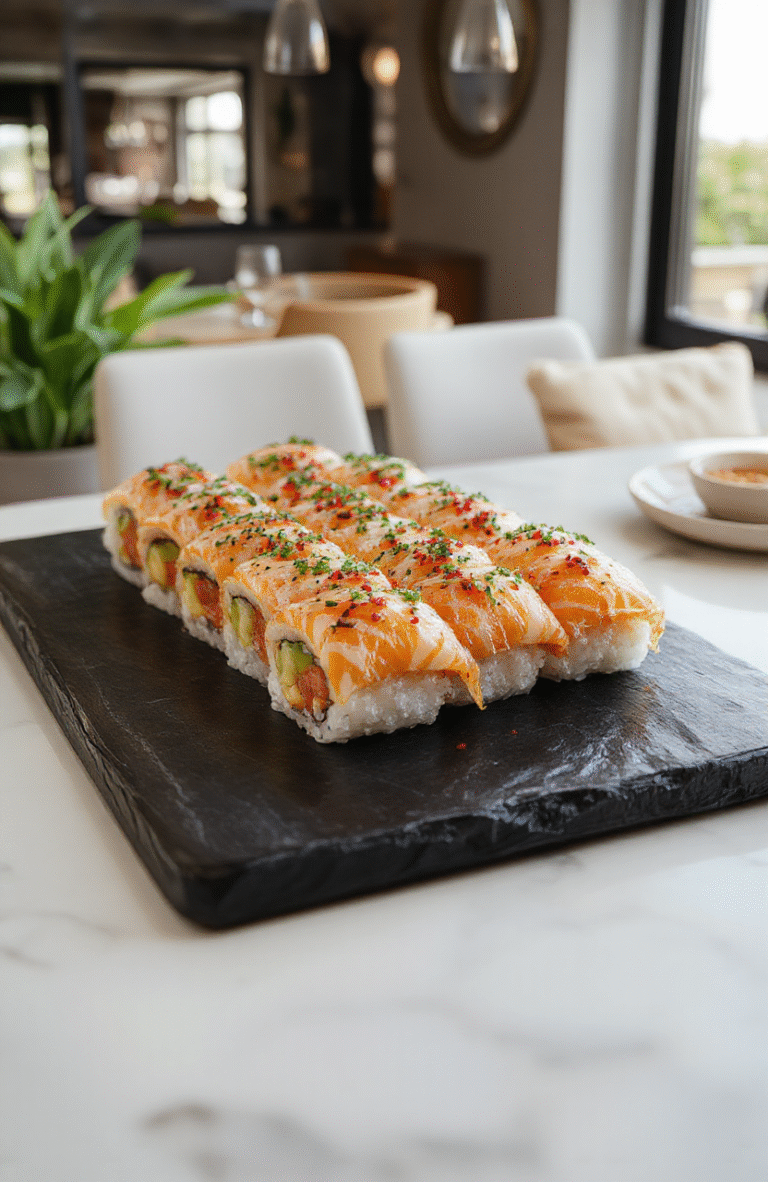 A vibrant and elegant sushi platter featuring an assortment of colorful sashimi, nigiri, and rolls artfully arranged on a sleek black slate board. Fresh fish, delicate garnishes, and wasabi accents add texture and contrast, all styled with minimalistic but refined presentation. The background hints at a luxurious dining setting with soft lighting highlighting the freshness and craftsmanship of the sushi.