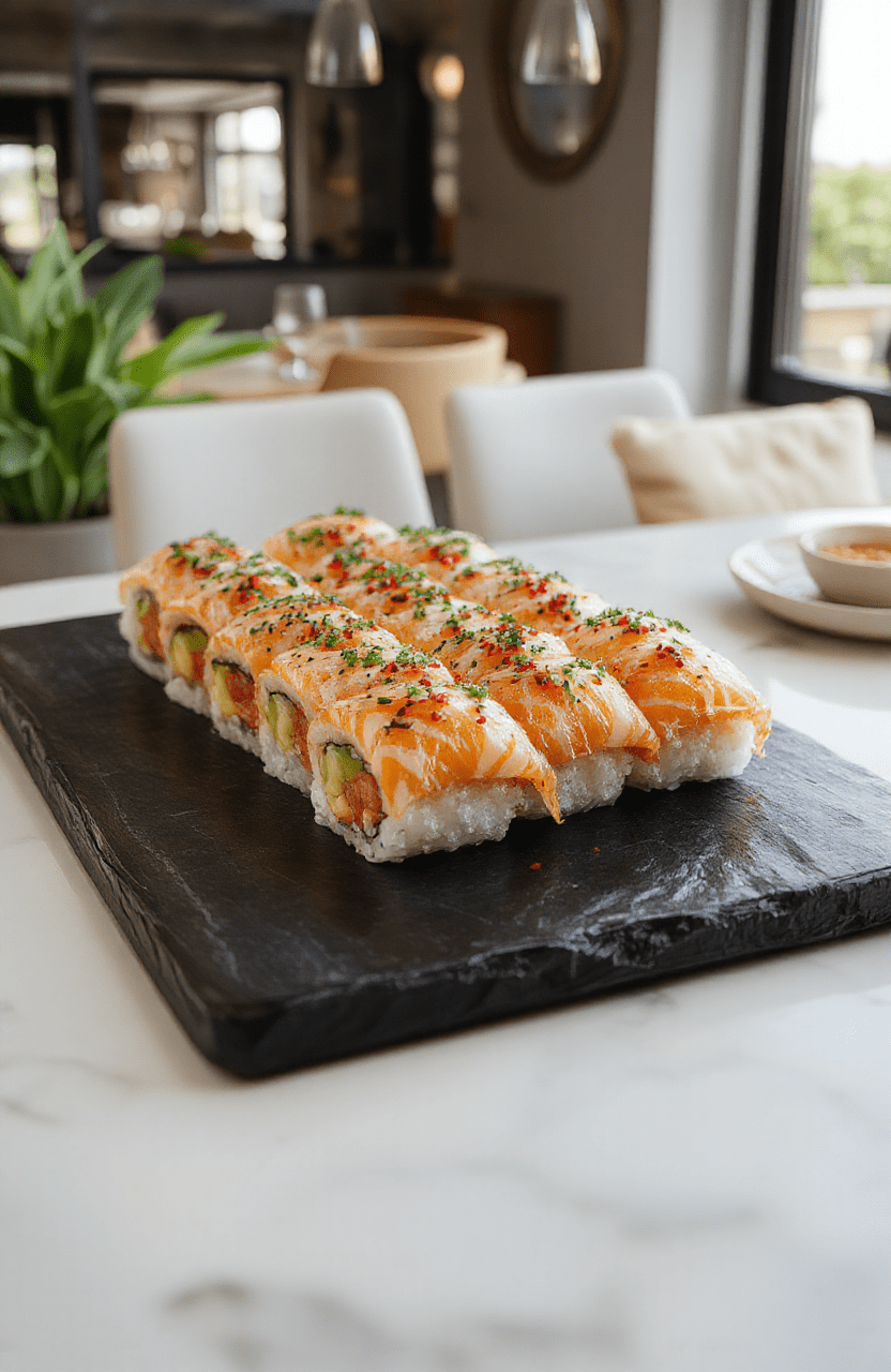 A vibrant and elegant sushi platter featuring an assortment of colorful sashimi, nigiri, and rolls artfully arranged on a sleek black slate board. Fresh fish, delicate garnishes, and wasabi accents add texture and contrast, all styled with minimalistic but refined presentation. The background hints at a luxurious dining setting with soft lighting highlighting the freshness and craftsmanship of the sushi.