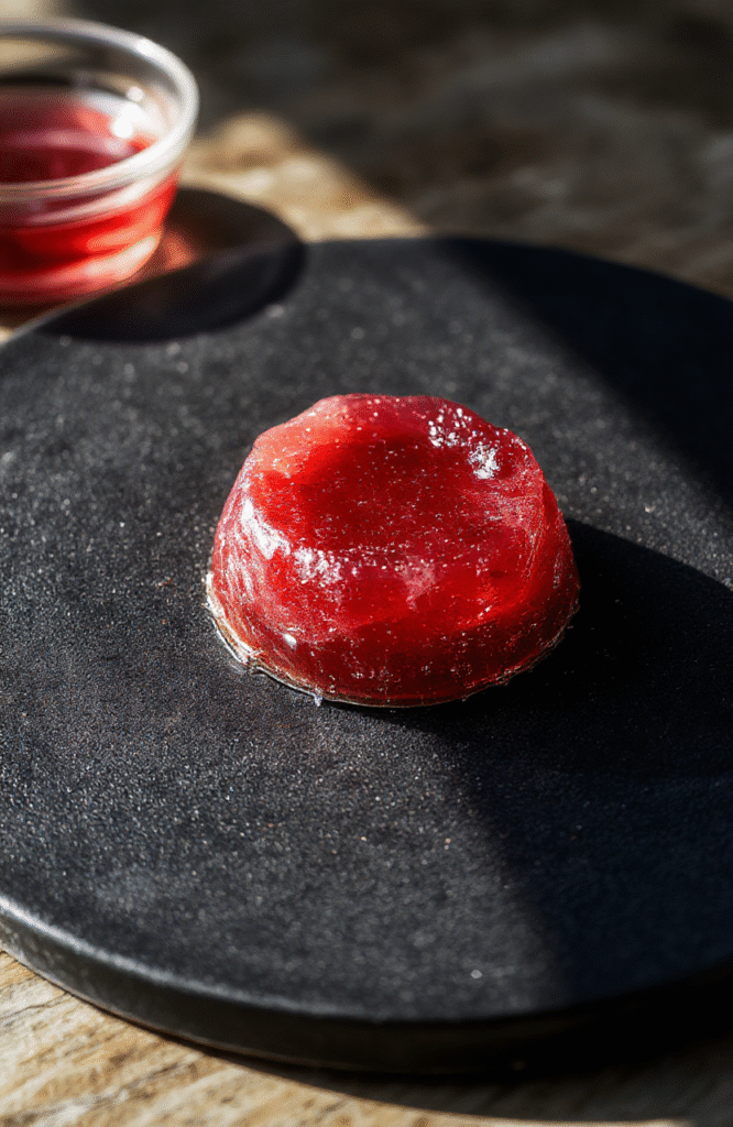 Vivid, jewel-toned gemstone gelatin in a clear glass dish, intricate facets resembling real gemstones, shimmering and translucent with a glossy finish, arranged artfully on a dark velvet surface with soft, diffuse lighting highlighting the sparkle, creating a luxurious and enchanting presentation.