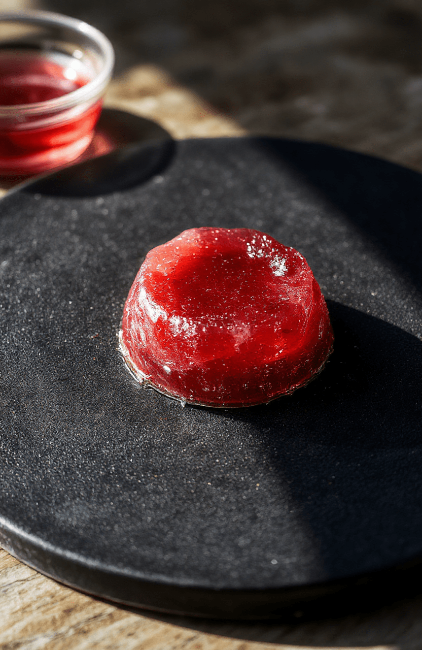 Vivid, jewel-toned gemstone gelatin in a clear glass dish, intricate facets resembling real gemstones, shimmering and translucent with a glossy finish, arranged artfully on a dark velvet surface with soft, diffuse lighting highlighting the sparkle, creating a luxurious and enchanting presentation.