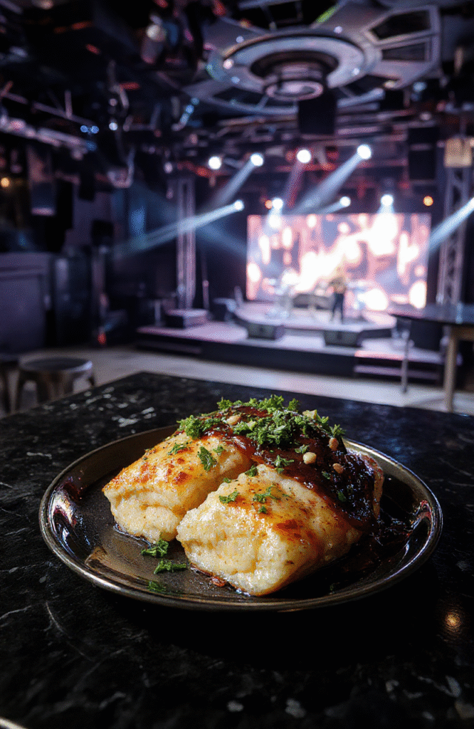 Colorful mirrorball glazed donuts arranged on a sleek white platter, showcasing their shiny, reflective glaze that mimics a disco ball. The donuts have a golden-brown exterior with a glossy, shimmering coating, decorated with tiny edible glitter specks. The background features a soft blurred scene reminiscent of a glamorous stage or concert setting, emphasizing the festive, eye-catching presentation.