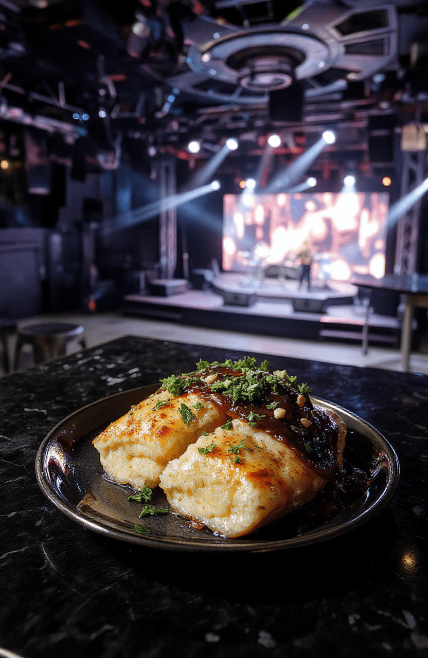 Colorful mirrorball glazed donuts arranged on a sleek white platter, showcasing their shiny, reflective glaze that mimics a disco ball. The donuts have a golden-brown exterior with a glossy, shimmering coating, decorated with tiny edible glitter specks. The background features a soft blurred scene reminiscent of a glamorous stage or concert setting, emphasizing the festive, eye-catching presentation.