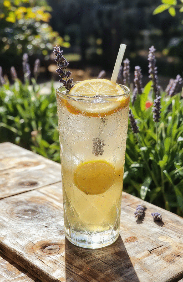 A vibrant glass of lavender lemonade with fresh lemon slices and sprigs of lavender, served on a rustic wooden table with a soft, pastel background, highlighting its bright yellow color and delicate purple accents, styled with a straw and fresh herbs for an inviting and refreshing look.
