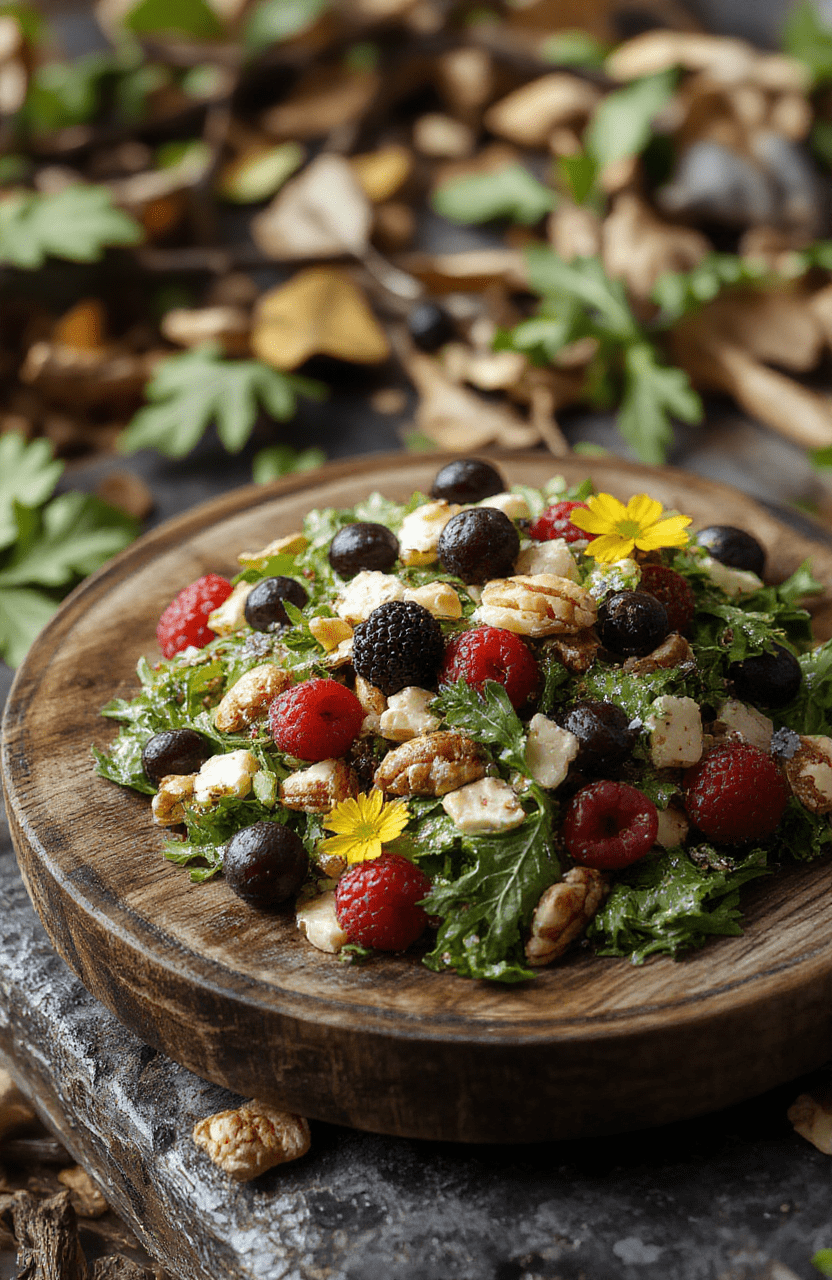 A vibrant forest-themed salad featuring a colorful mix of fresh berries, crunchy nuts, and leafy greens, beautifully arranged on a rustic wooden plate. The berries are shiny and plump, the nuts toasted to golden perfection, and the greens crisp and lush. The dressing glistens lightly, and small edible flowers garnish the top for a whimsical touch, set against a woodland backdrop.