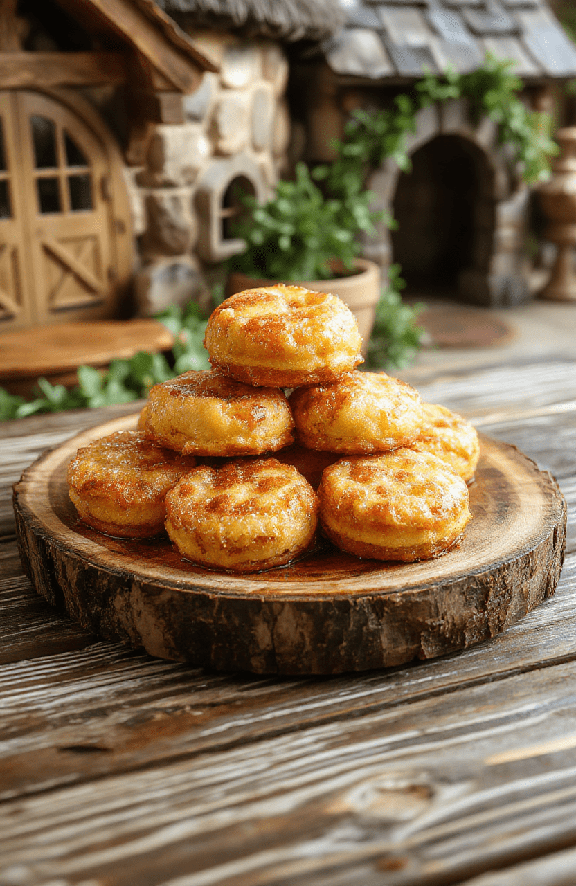 Golden brown Hobbit honey cakes arranged on a rustic wooden platter, topped with a drizzle of honey and sprinkled with powdered sugar. The cakes have a textured, slightly crumbly appearance, with attractively uneven edges, set against a cozy, medieval-style background that evokes the Shire with greenery and cottage elements.