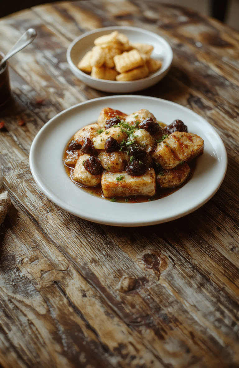 A golden, crumbly seed cake decorated with a dusting of powdered sugar, sliced to reveal a moist, nut-studded interior. The plate sits on a rustic wooden table, with links to a fantasy-inspired setting and medieval-esque tableware styled to resemble a Hobbit's feast, warm and inviting colors.