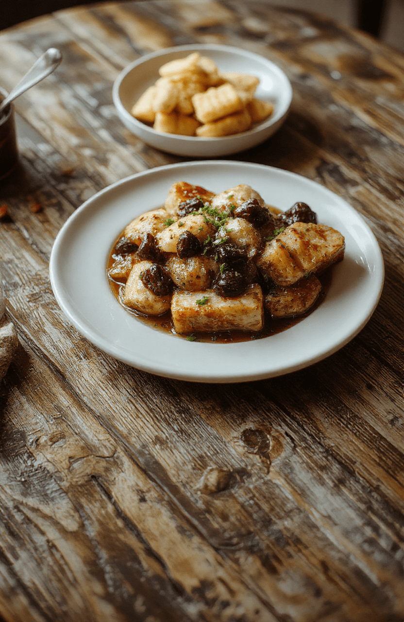 A golden, crumbly seed cake decorated with a dusting of powdered sugar, sliced to reveal a moist, nut-studded interior. The plate sits on a rustic wooden table, with links to a fantasy-inspired setting and medieval-esque tableware styled to resemble a Hobbit's feast, warm and inviting colors.