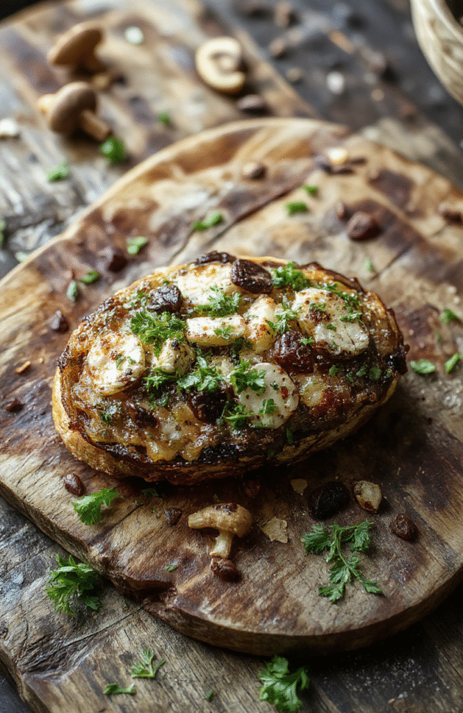 A close-up of a toasted bread slice topped with vibrant, earthy colored cordyceps mushrooms and fresh green herbs, garnished with a drizzle of creamy sauce, placed on a rustic wooden board with scattered mushroom pieces and herbs in the background, styled to evoke a post-apocalyptic, survivalist ambiance.