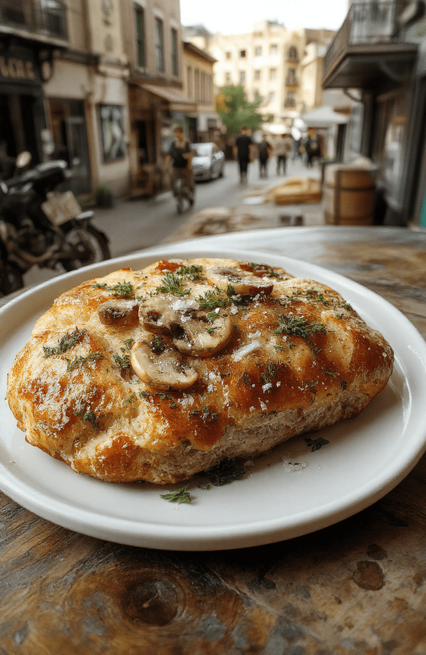 A rustic focaccia bread topped with vibrant green herbs and slices of exotic Cordyceps mushrooms arranged artfully, garnished with flaky sea salt, presented on a wooden cutting board with a textured background and soft natural lighting.