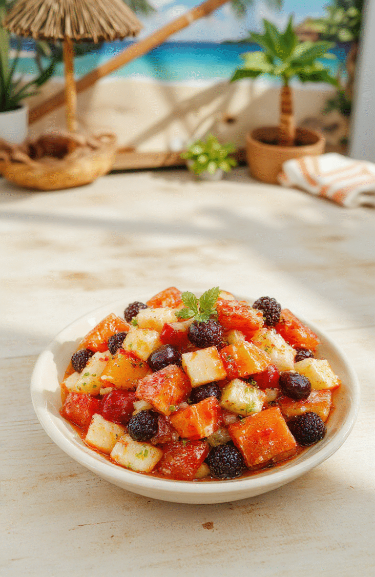 A vibrant, colorful fruit salad arranged in a clear glass bowl with slices of watermelon, pineapple, blueberries, kiwi, and strawberries, garnished with mint leaves, on a light wooden table with ocean-themed decorations in the background.
