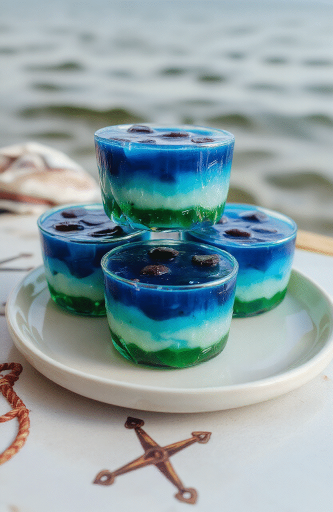 Vibrant blue and teal layered jelly cups resembling ocean waves, beautifully plated in clear cups with shimmering edible glitter, topped with small edible pearls mimicking bubbles, styled with a nautical touch, colorful and glossy textures conveying a magical underwater scene.
