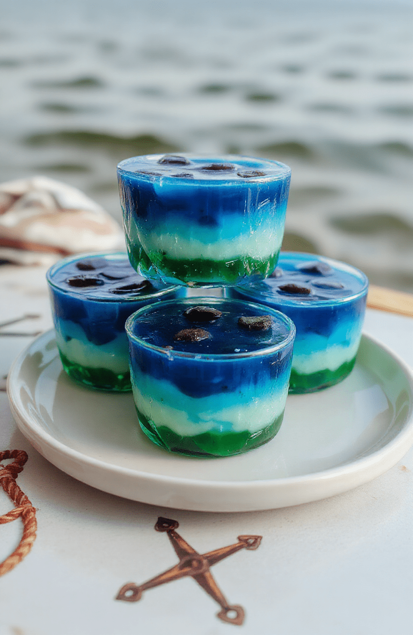 Vibrant blue and teal layered jelly cups resembling ocean waves, beautifully plated in clear cups with shimmering edible glitter, topped with small edible pearls mimicking bubbles, styled with a nautical touch, colorful and glossy textures conveying a magical underwater scene.
