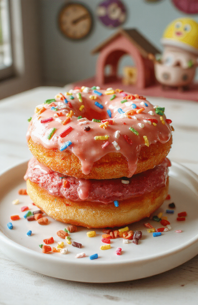 A vibrant pink-glazed donut cake topped with colorful sprinkles, layered and decorated with playful, cartoon-inspired details. The cake sits on a white plate, with a smooth glossy glaze, surrounded by scattered sprinkles, evoking a cheerful, animated style. The background features a bright, whimsical setting reminiscent of animated TV shows, with soft lighting highlighting its fun textures.