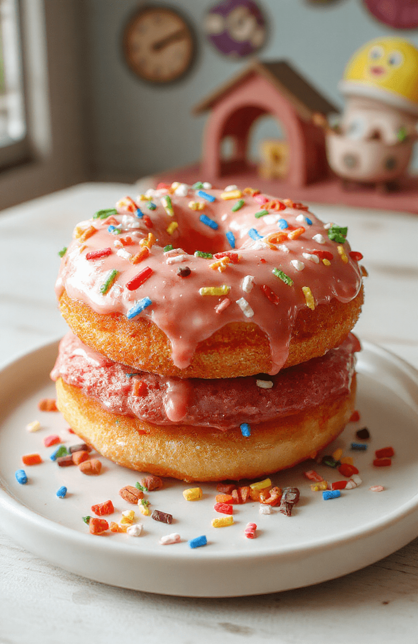 A vibrant pink-glazed donut cake topped with colorful sprinkles, layered and decorated with playful, cartoon-inspired details. The cake sits on a white plate, with a smooth glossy glaze, surrounded by scattered sprinkles, evoking a cheerful, animated style. The background features a bright, whimsical setting reminiscent of animated TV shows, with soft lighting highlighting its fun textures.