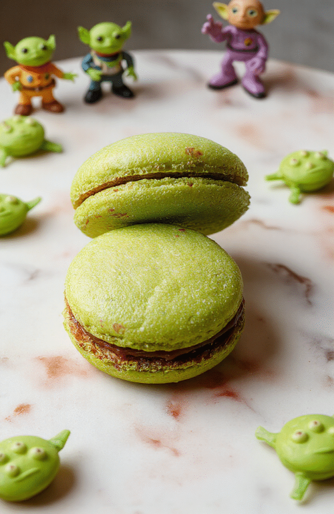 Bright green Toy Story Alien macarons arranged on a white plate, with smooth glossy shells and playful black eyes, set on a pastel-colored tablecloth with soft natural light highlighting their vibrant color and shiny texture.