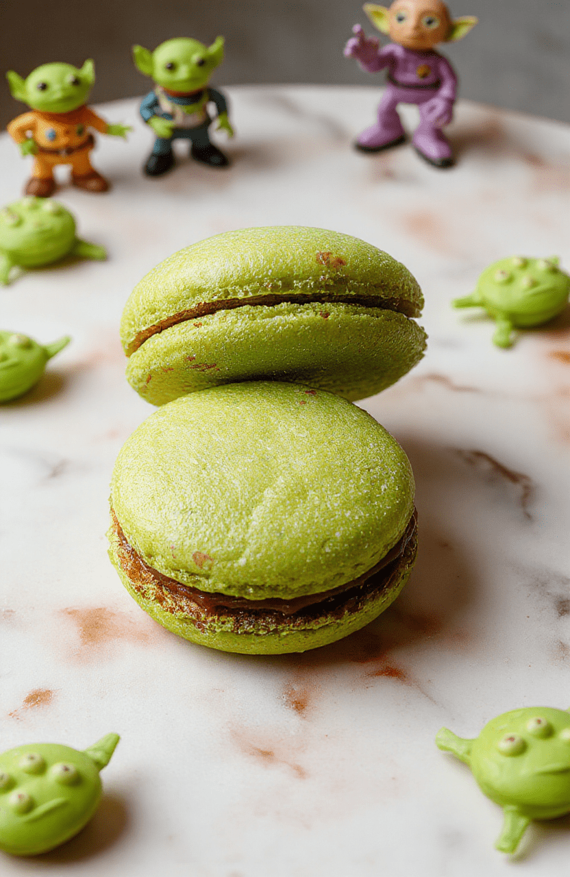 Bright green Toy Story Alien macarons arranged on a white plate, with smooth glossy shells and playful black eyes, set on a pastel-colored tablecloth with soft natural light highlighting their vibrant color and shiny texture.