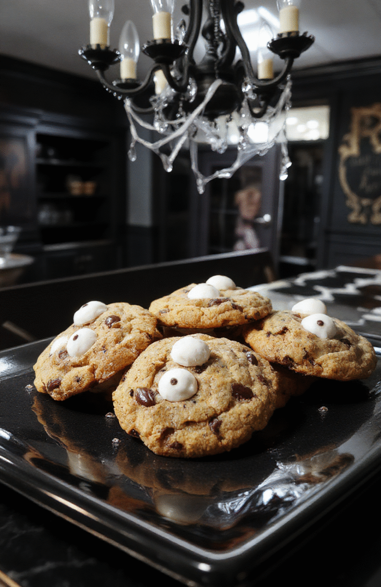 A close-up of creepy cookie eyes on a dark, gothic-style plate, with glossy black icing and realistic edible eyes, set on a textured black marble surface, with a spooky Halloween backdrop featuring dim lighting and cobweb decorations.