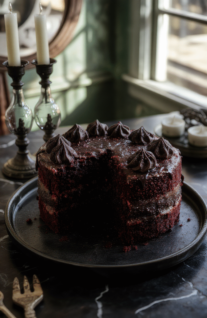 A luxurious gothic velvet cake with deep black and crimson red layers, intricate spider web icing, topped with edible pearls and dark chocolate accents. The cake is elegantly plated on a matte black surface with gothic-themed decorations and moody lighting that highlights its velvety texture and dramatic presentation.