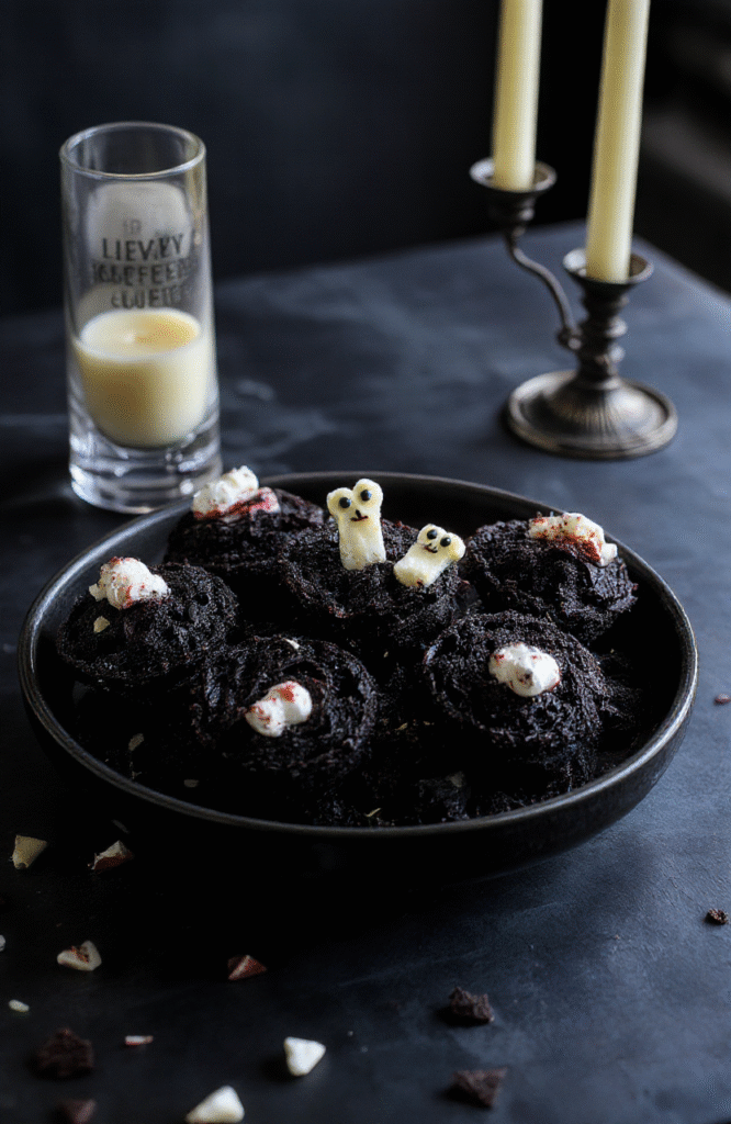 Dark chocolate dirt cups topped with gummy worms and cookie crumbs arranged on a black plate, with small tombstone-shaped cookies and eerie green sprinkles, styled with gothic elements and a dimly lit spooky background.