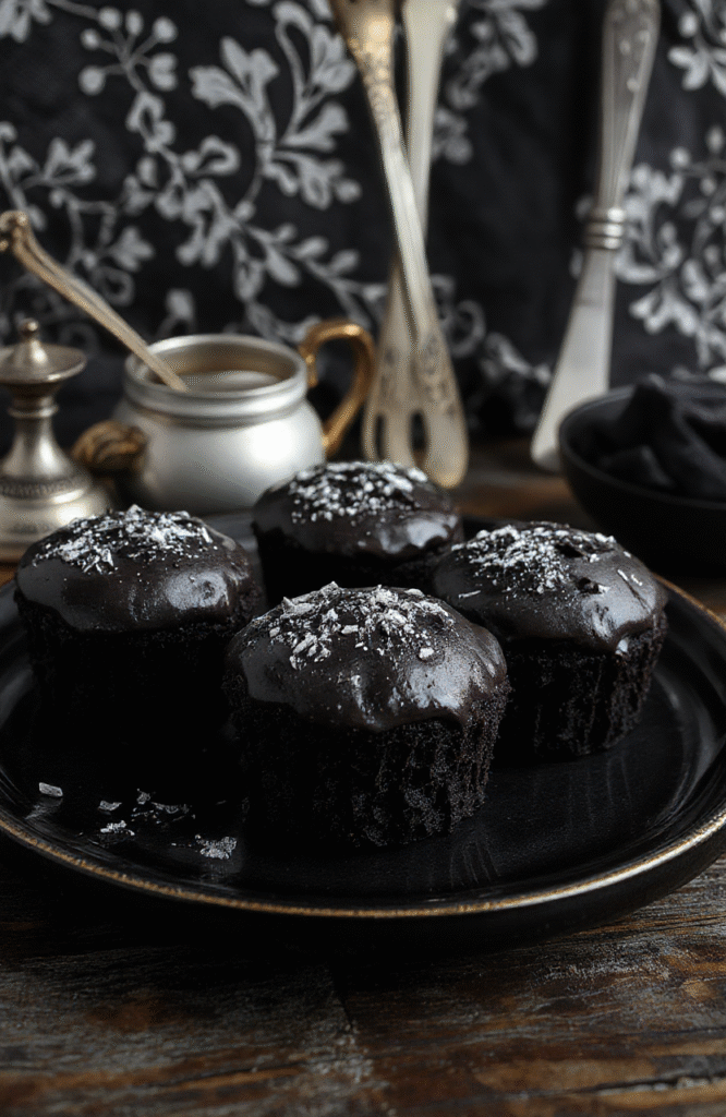 Darkly elegant tea cakes with a matte black finish, delicately decorated with silver edible dust, layered on a vintage black porcelain plate. The cakes are topped with tiny sugar skull accents, set against a moody, gothic-inspired background with black lace and antique silverware, evoking a mysterious, spooky atmosphere.
