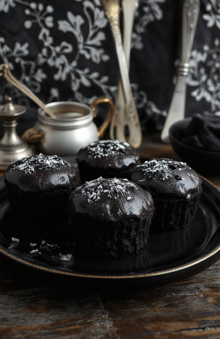 Darkly elegant tea cakes with a matte black finish, delicately decorated with silver edible dust, layered on a vintage black porcelain plate. The cakes are topped with tiny sugar skull accents, set against a moody, gothic-inspired background with black lace and antique silverware, evoking a mysterious, spooky atmosphere.