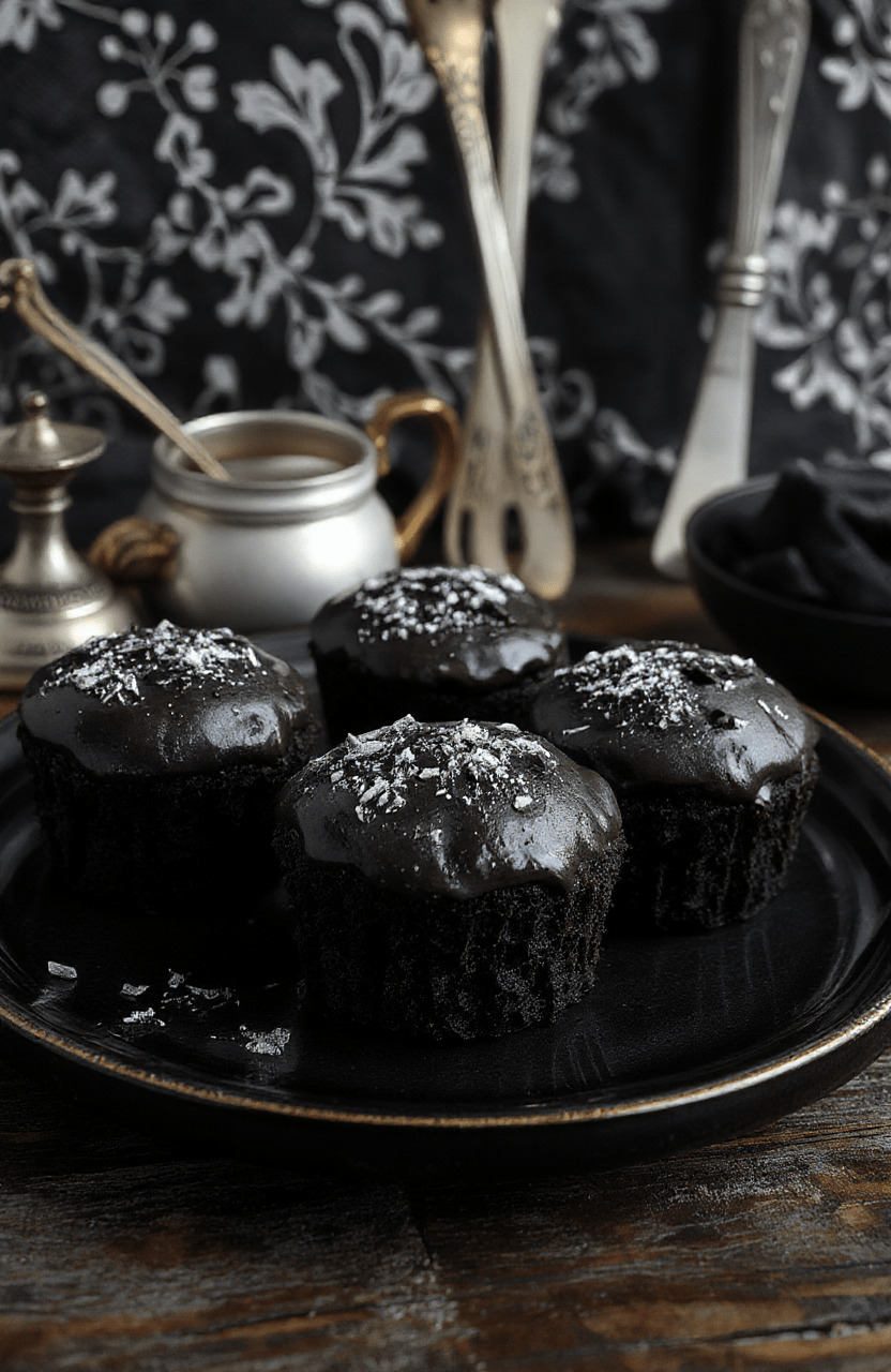 Darkly elegant tea cakes with a matte black finish, delicately decorated with silver edible dust, layered on a vintage black porcelain plate. The cakes are topped with tiny sugar skull accents, set against a moody, gothic-inspired background with black lace and antique silverware, evoking a mysterious, spooky atmosphere.