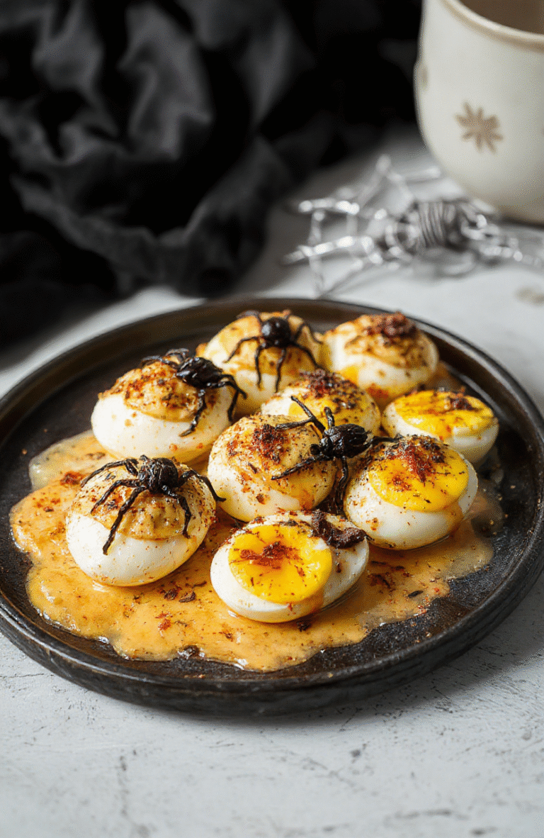 A spooky plate of Wednesday Arachnid Eggs featuring dark green and black edible insects arranged like tiny spiders on a bed of vibrant orange pumpkin puree, garnished with fresh green herbs. The eggs are sprinkled with pepper and set on a rustic black platter, creating a creepy yet appetizing scene.