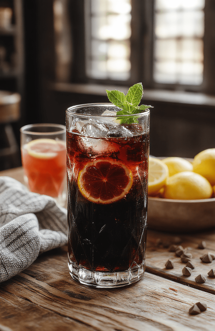 A vibrant black lemonade served in a tall clear glass, garnished with lemon slices and fresh blackberries. The drink has a deep, obsidian hue with a slight frothy top, presented on a rustic wooden table with a dimly lit, mysterious background reminiscent of gothic or magical settings.