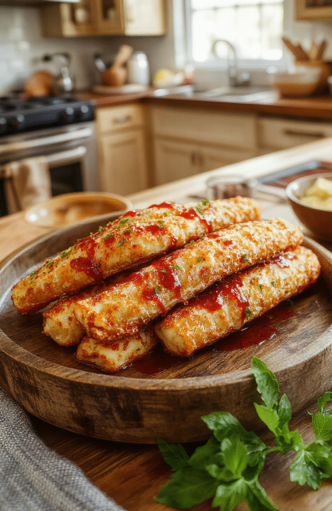 Bright red bloody marinara sauce drizzled over crispy golden mozzarella sticks on a rustic wooden plate, garnished with fresh basil leaves, with a blurred dark background highlighting the vibrant colors and textures.
