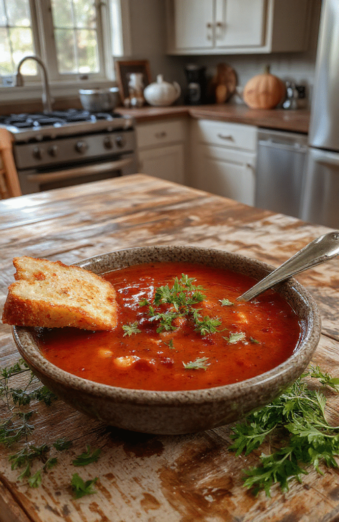 A vibrant deep red tomato soup served in a rustic white bowl, garnished with fresh basil leaves and a drizzle of extra virgin olive oil. The soup's silky texture reflects soft lighting, highlighting its rich color. The bowl rests on a dark wooden surface with a green linen napkin nearby, styled with a spooky Halloween theme featuring tiny plastic spiders and ghost-shaped croutons.