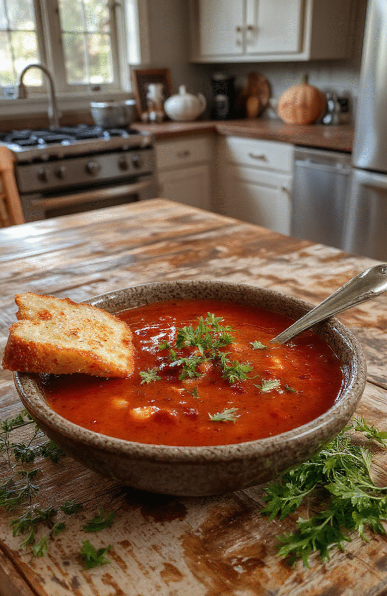 A vibrant deep red tomato soup served in a rustic white bowl, garnished with fresh basil leaves and a drizzle of extra virgin olive oil. The soup's silky texture reflects soft lighting, highlighting its rich color. The bowl rests on a dark wooden surface with a green linen napkin nearby, styled with a spooky Halloween theme featuring tiny plastic spiders and ghost-shaped croutons.