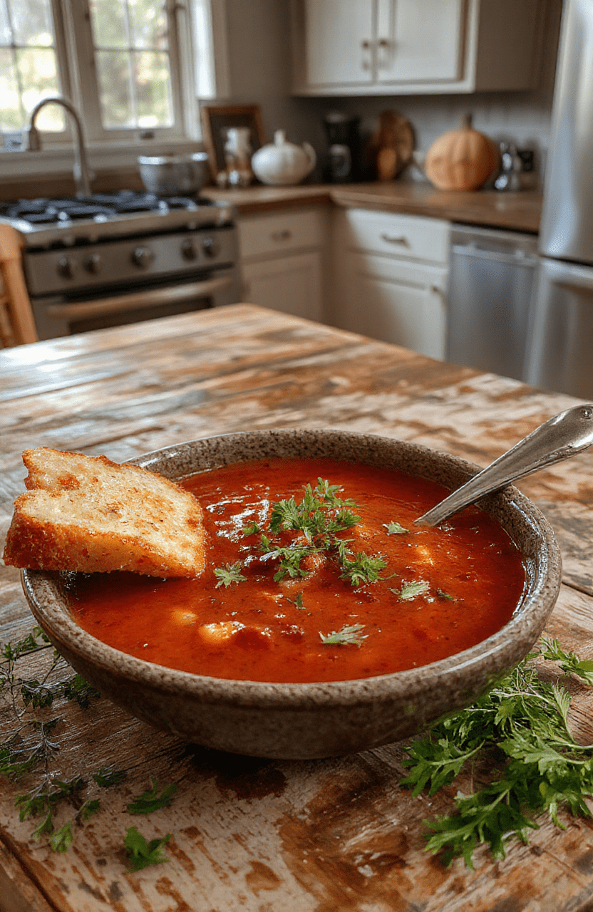 A vibrant deep red tomato soup served in a rustic white bowl, garnished with fresh basil leaves and a drizzle of extra virgin olive oil. The soup's silky texture reflects soft lighting, highlighting its rich color. The bowl rests on a dark wooden surface with a green linen napkin nearby, styled with a spooky Halloween theme featuring tiny plastic spiders and ghost-shaped croutons.