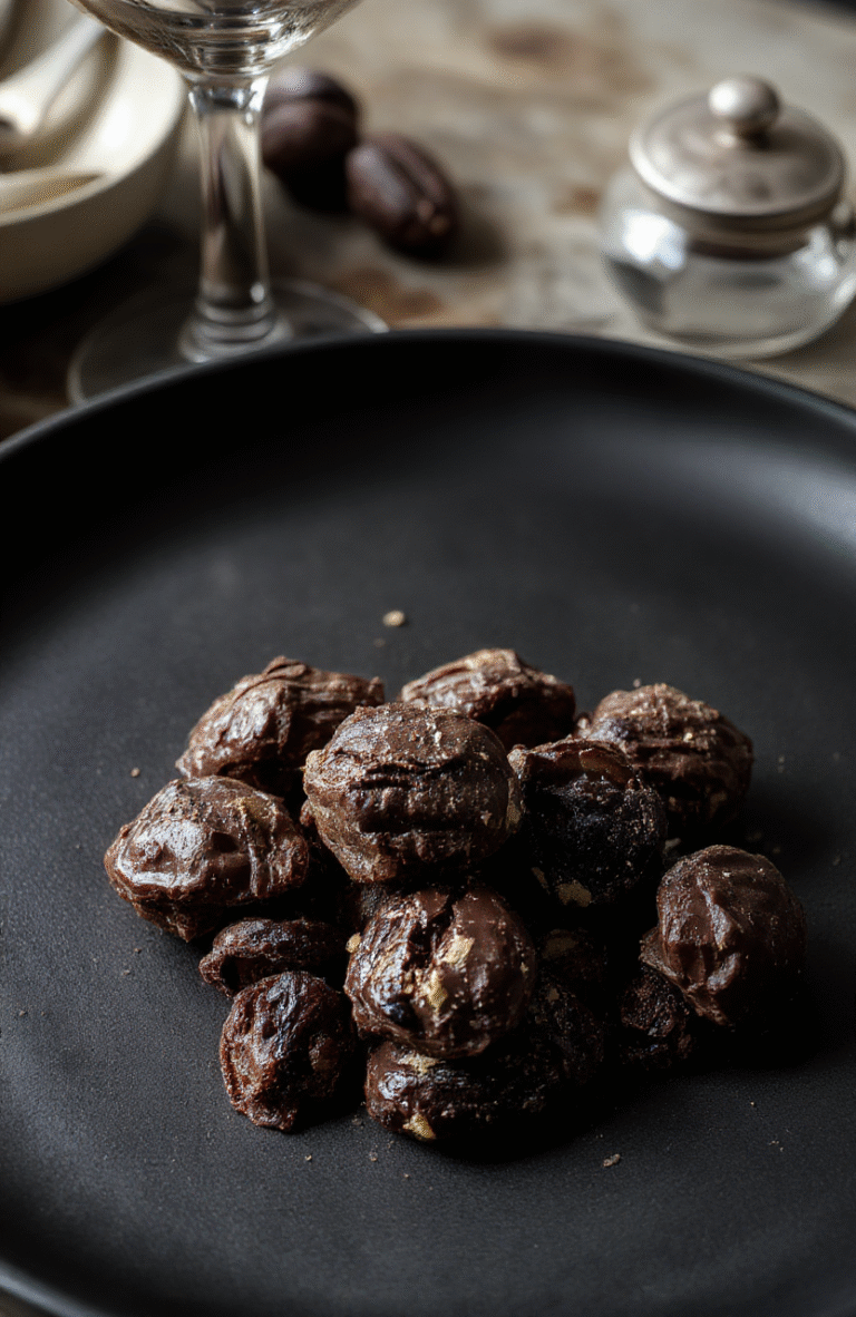 A close-up of glossy dark chocolate-covered raisins arranged artfully on a matte black plate, with a few loose raisins scattered around. The rich, dark chocolate coating contrasts beautifully with the vibrant, plump raisins, creating a tempting and indulgent visual. Soft natural lighting highlights the shiny texture and luscious color, styled minimally for an elegant, cinematic look.