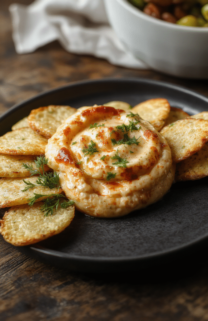 A close-up of Wednesday Gomez’s Golden Onion Dip served in a rustic ceramic bowl. The dip has a rich golden hue with finely chopped caramelized onions visible on the surface. Garnished with fresh chives, the creamy texture contrasts with crispy sliced baguette and veggie sticks arranged around the bowl, styled on a dark wooden board with soft natural lighting highlighting the glossy surface.