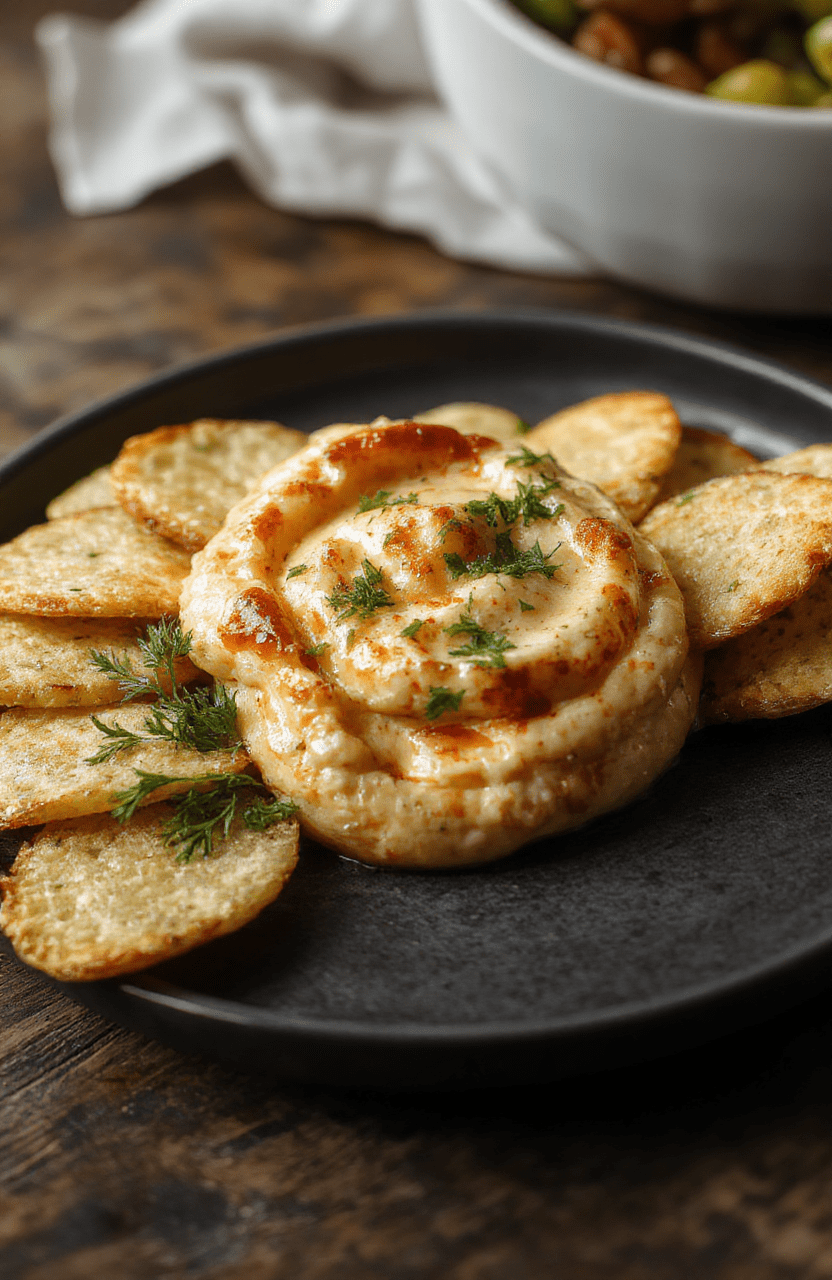 A close-up of Wednesday Gomez’s Golden Onion Dip served in a rustic ceramic bowl. The dip has a rich golden hue with finely chopped caramelized onions visible on the surface. Garnished with fresh chives, the creamy texture contrasts with crispy sliced baguette and veggie sticks arranged around the bowl, styled on a dark wooden board with soft natural lighting highlighting the glossy surface.
