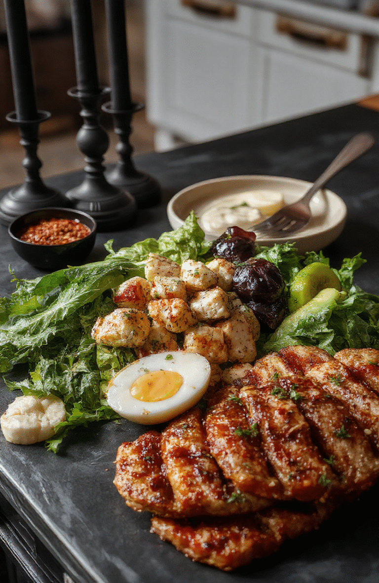 A dark, mysterious garden-themed spread featuring blackened vegetables, eerie green dips, and gothic-style bread arranged on a vintage wrought iron tray. The scene has a moody, atmospheric vibe with dim lighting, purple and green accents, and a backdrop of gothic decor, evoking the ambiance of the Addams Family manor.