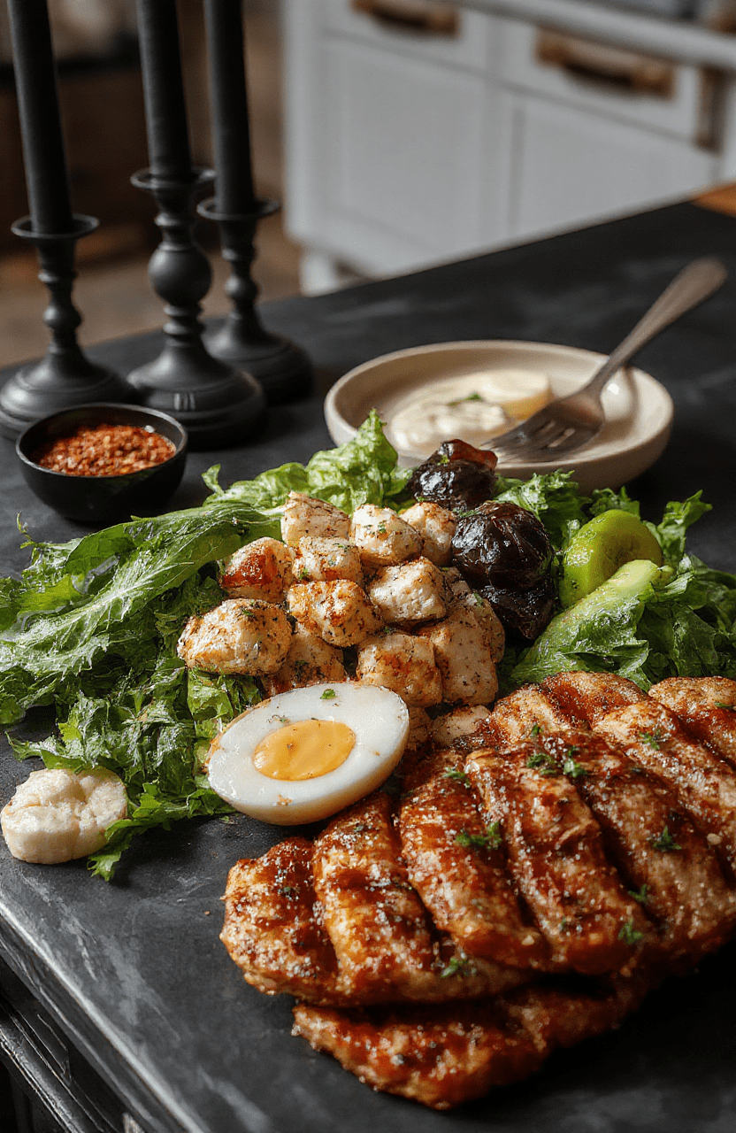 A dark, mysterious garden-themed spread featuring blackened vegetables, eerie green dips, and gothic-style bread arranged on a vintage wrought iron tray. The scene has a moody, atmospheric vibe with dim lighting, purple and green accents, and a backdrop of gothic decor, evoking the ambiance of the Addams Family manor.