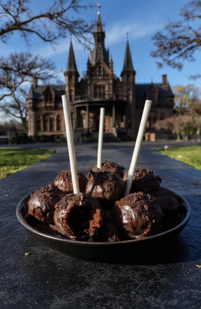 Bright black and gray Raven Cake Pops arranged on a dark, textured surface. The cake pops are decorated with intricate feather and raven details, with glossy finishes and edible metallic accents. Some pops are mounted on black sticks, with a subtle shimmer backdrop, evoking a mysterious Gothic aesthetic, perfect for a spooky celebration.