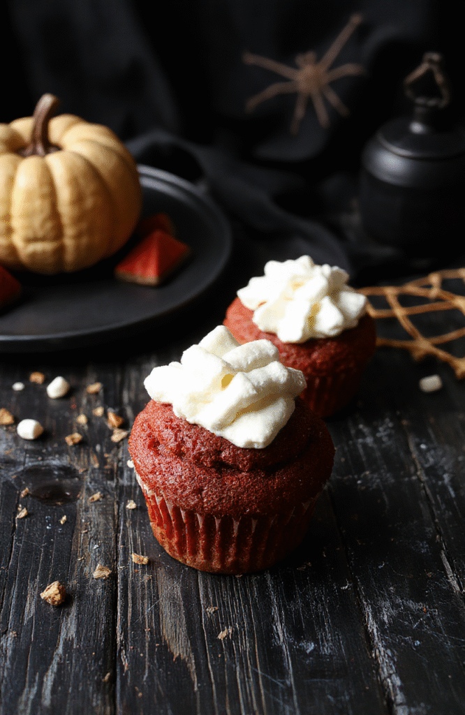 Bright red velvet cupcakes with smooth frosting topped with realistic edible Thing Hands made of fondant, arranged on a dark plate. The hands have detailed fingers and nails, giving a spooky, fun Halloween vibe. The cupcakes sit on a black surface with a blurred eerie background, highlighting the vivid red and pale frosting colors, styled with a cinematic Halloween theme.